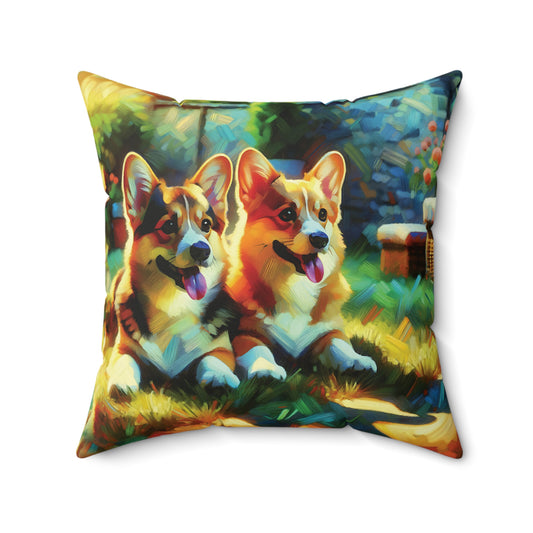 Corgi Throw Pillow - Pembroke Corgis Resting in Garden in Modern Impressionist Style Art