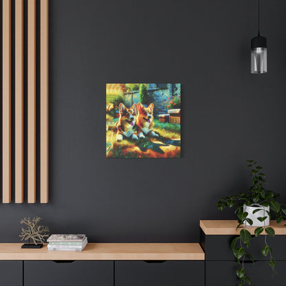 Canvas Wall Art - Pembroke Corgi Pair Resting in Garden - Contemporary Impressionist Print