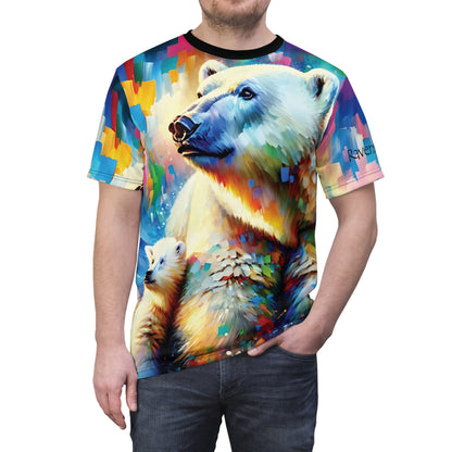 Polar Bear with Cub Vibrant Art Tee | Colorful Unisex Cut & Sew T-Shirt, Wildlife Apparel, Unique Graphic Tee, Birthday Gift