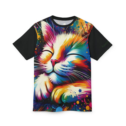 Contented Cat Vibrant Art Tee | Colorful Unisex Cut & Sew T-Shirt, Wildlife Apparel, Unique Graphic Tee, Birthday Gift