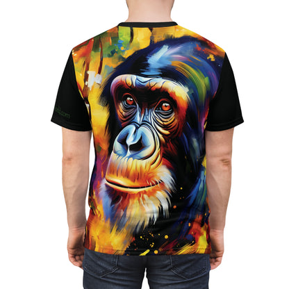 Curious Bonobo Vibrant Art Tee | Colorful Unisex Cut & Sew T-Shirt, Wildlife Apparel, Unique Graphic Tee, Birthday Gift