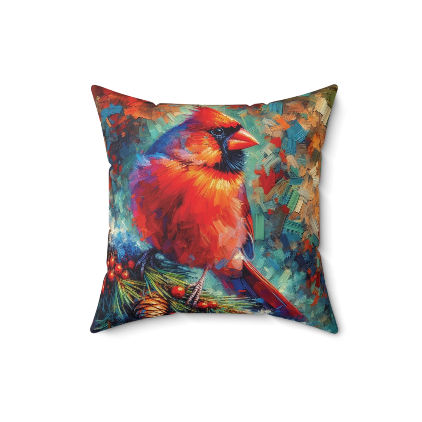 Cardinal with Berries - Square Pillow
