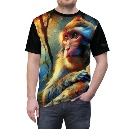 Monkey Vibrant Art Tee | Rhesus Macaque Colorful Unisex Cut & Sew T-Shirt, Wildlife Apparel, Unique Graphic Tee