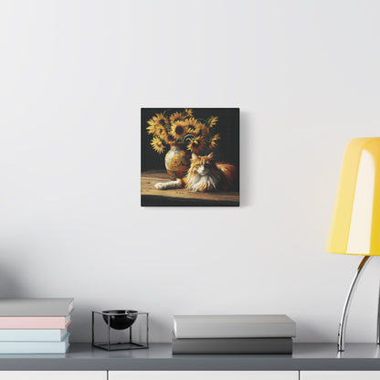 Canvas Wall Art - Orange and White Cat with Sunflowers Old Master Style Art