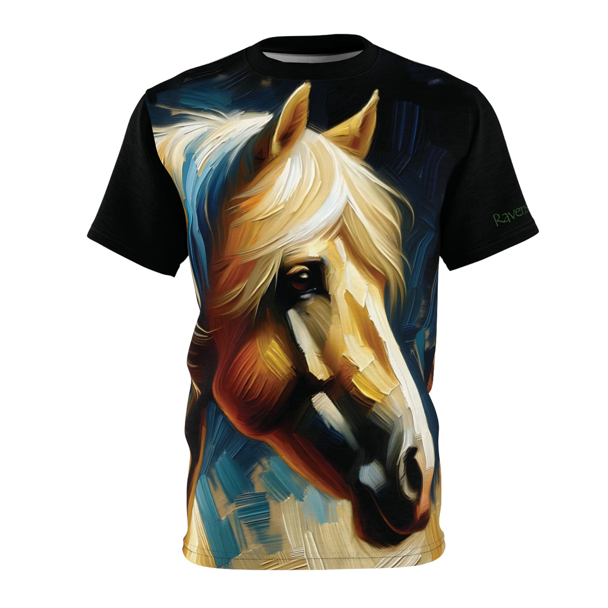 Black t-shirt with a colorful horse design on a white background
