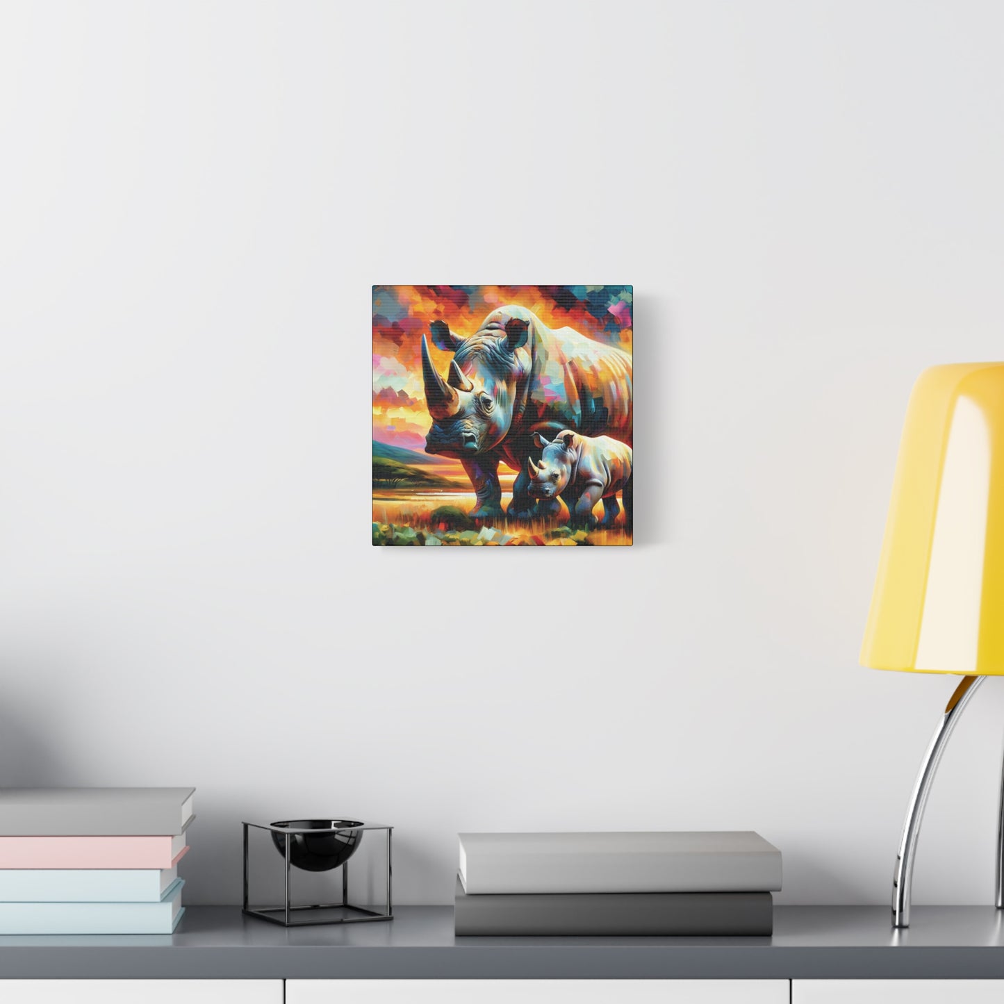 Rhinos at Sunset Expressionist Canvas Art Print