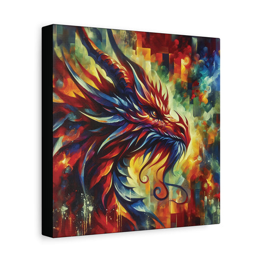 A canvas wall art print of a modern impressionist fantasy dragon with a colorful and vibrant design, featuring predominantly red and yellow hues.