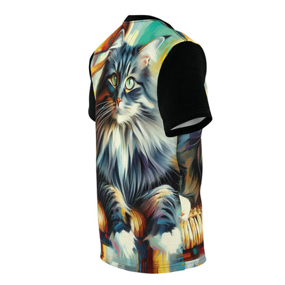 Longhaired Cat on Wooden Chair Vibrant Art Tee | Colorful Unisex Cut & Sew T-Shirt, Wildlife Apparel, Unique Graphic Tee, Birthday Gift