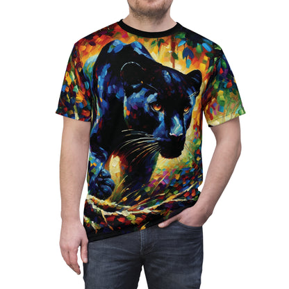 Stalking Black Panther in Jungle Vibrant Art Tee | Colorful Unisex Cut & Sew T-Shirt, Wildlife Apparel, Unique Graphic Tee, Birthday Gift