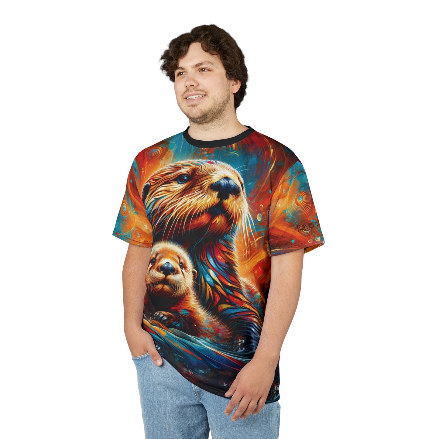Sea Otters at Sunset Vibrant Art Tee | Colorful Unisex Cut & Sew T-Shirt, Wildlife Apparel, Unique Graphic Tee, Birthday Gift