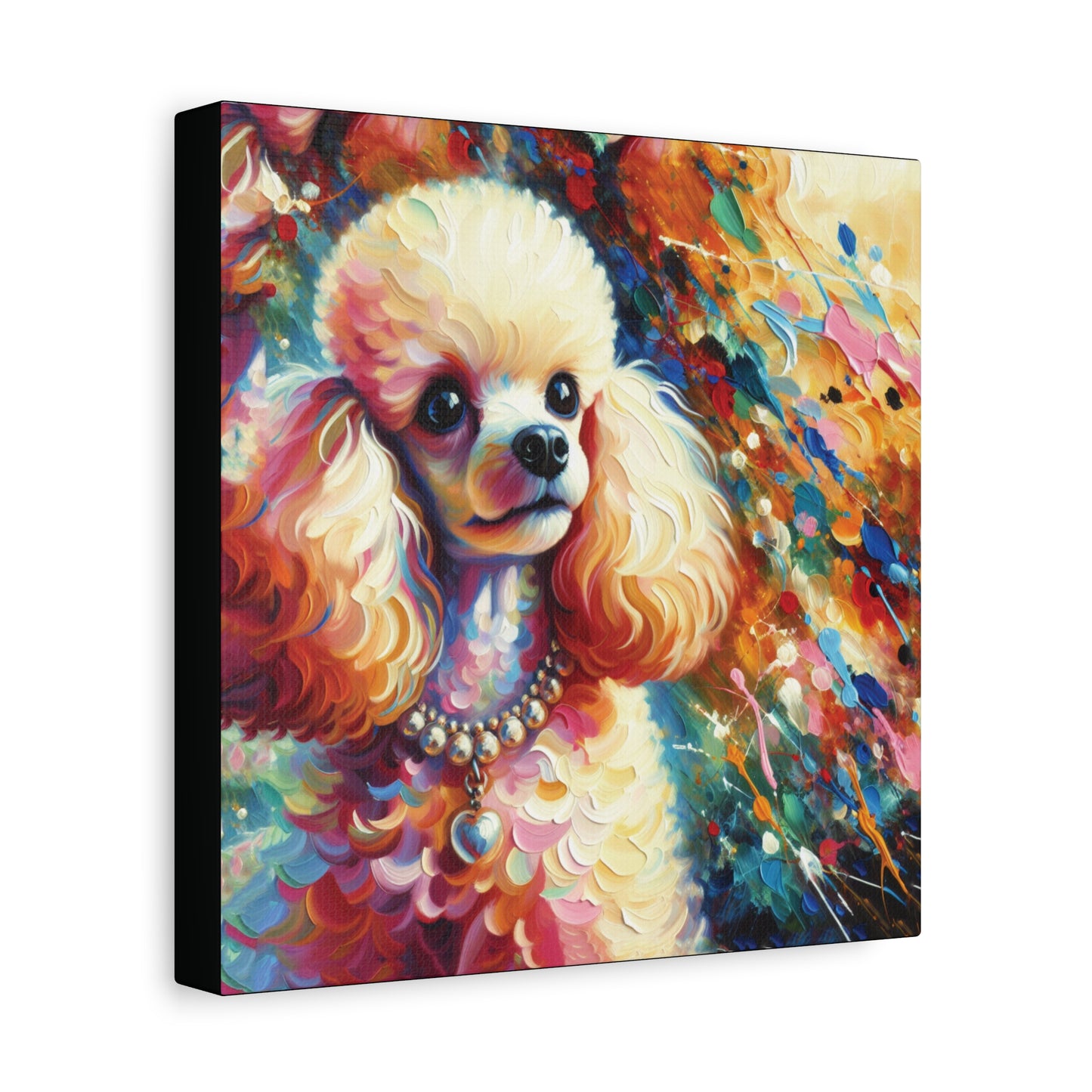Colorful painting of a poodle with a multicolored background