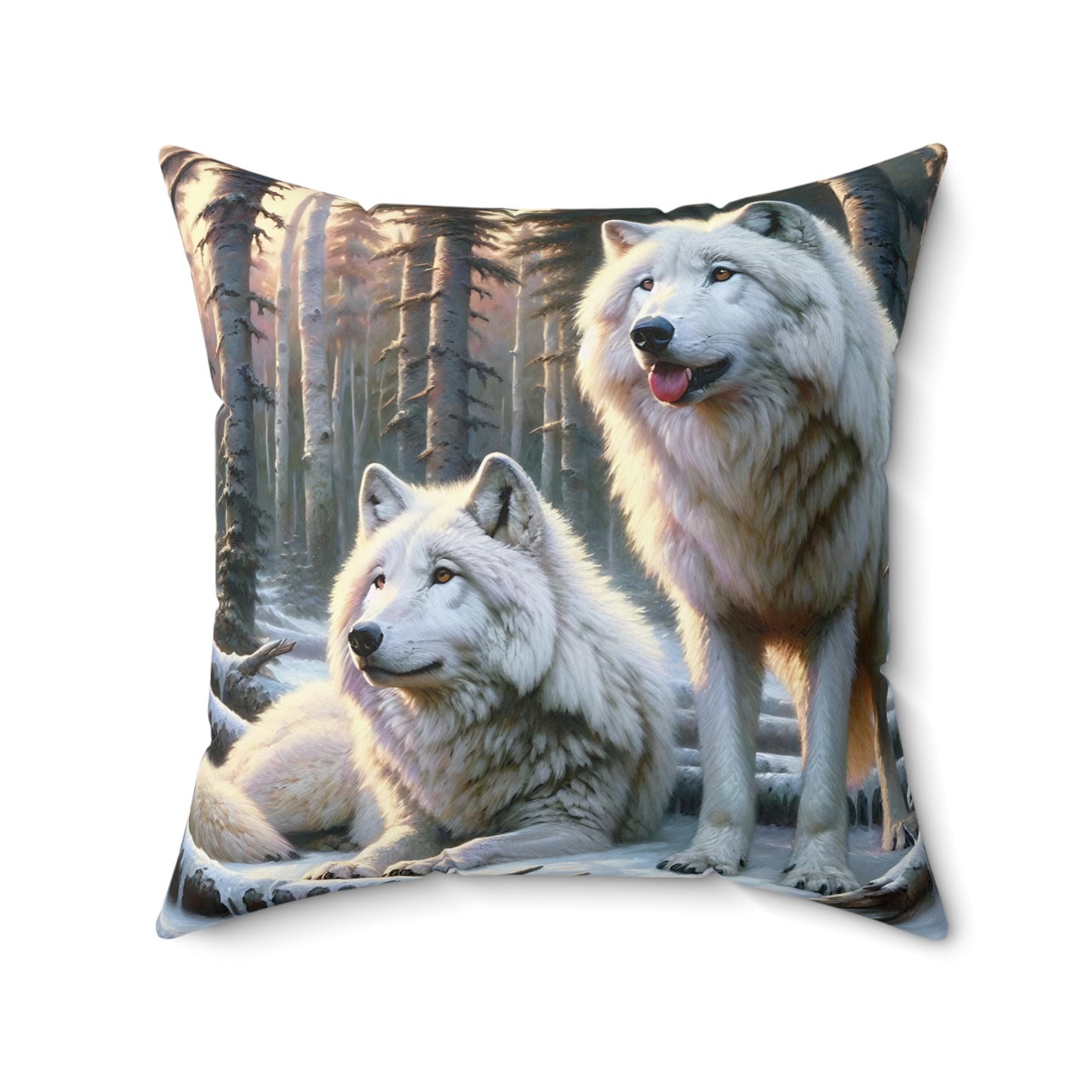 Wolf Pillow - Arctic Wolf Pair Impressionist Art on Square Pillow