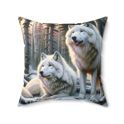 Wolf Pillow - Arctic Wolf Pair Impressionist Art on Square Pillow