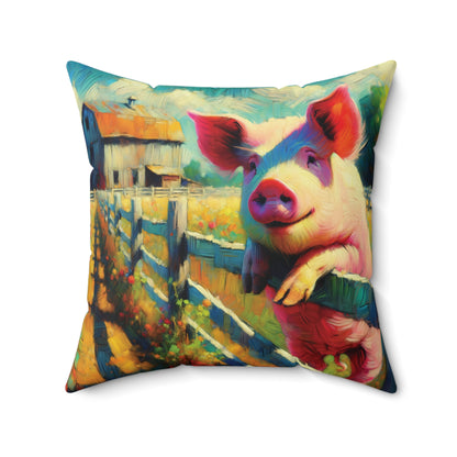 Pig Throw Pillow - Impressionist Style Art - Pig at Fence on Faux Suede Square Pillow
