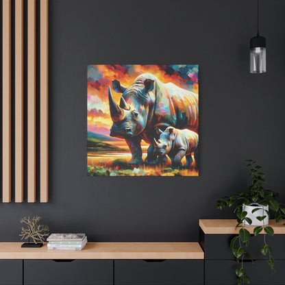 Rhinos at Sunset Expressionist Canvas Art Print