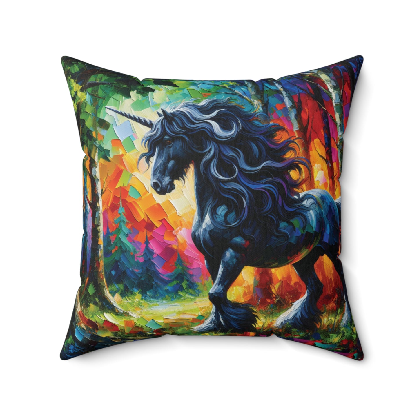 Elegant Black Stallion Unicorn - Square Pillow