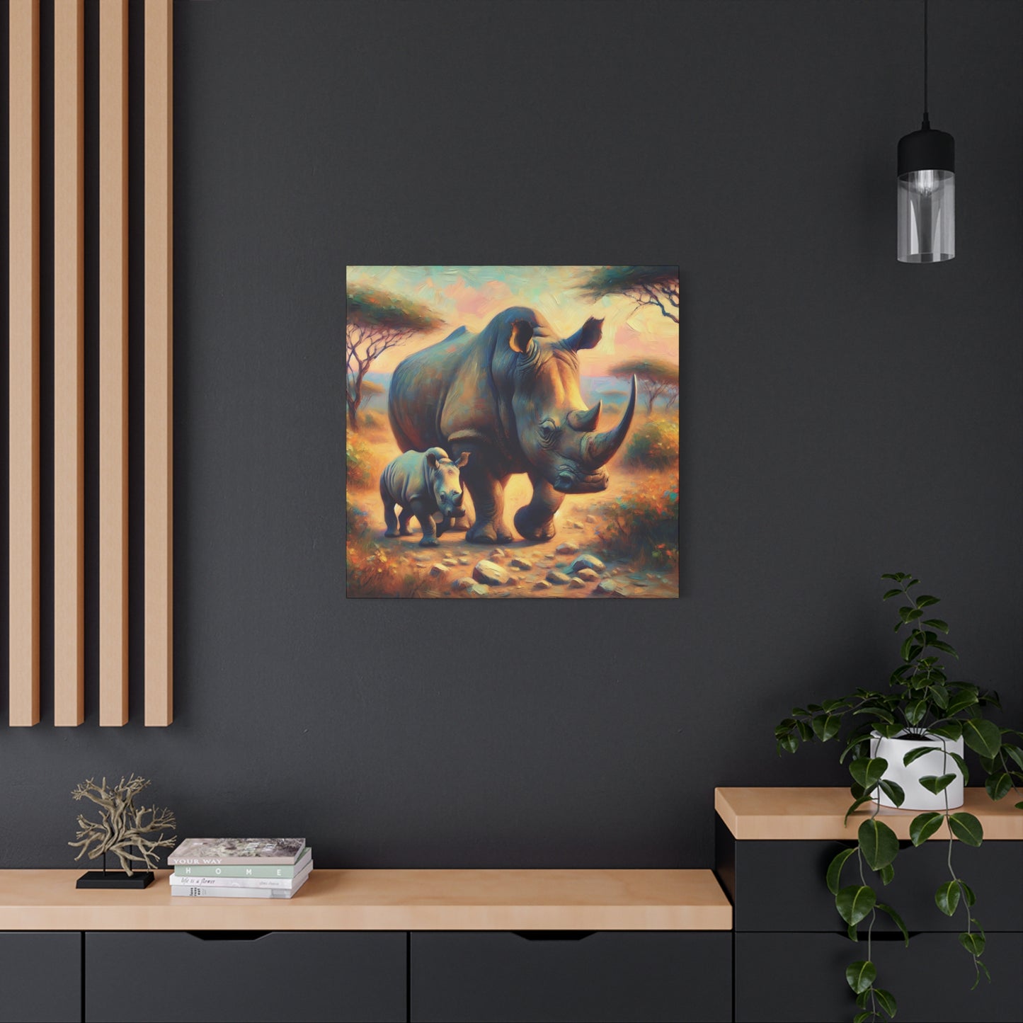 Rhino with Baby Impressionist Canvas Wall Art