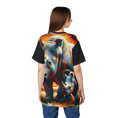 Rhinos at Sunset Art Tee | Colorful Unisex Cut & Sew T-Shirt, Wildlife Apparel, Unique Graphic Tee, Birthday Gift