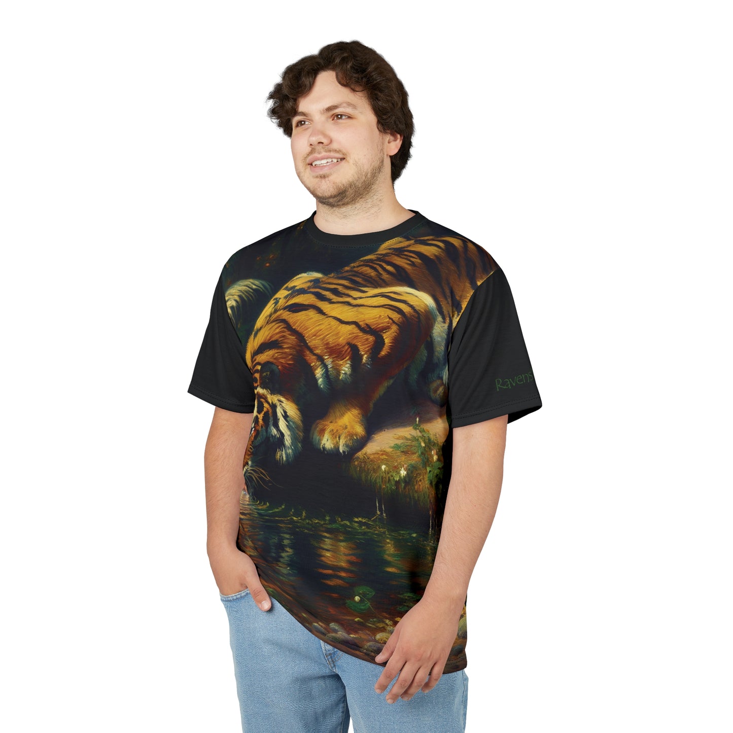 Tiger Drinking Vibrant Art Tee | Colorful Unisex Cut & Sew T-Shirt, Wildlife Apparel, Unique Graphic Tee, Birthday Gift