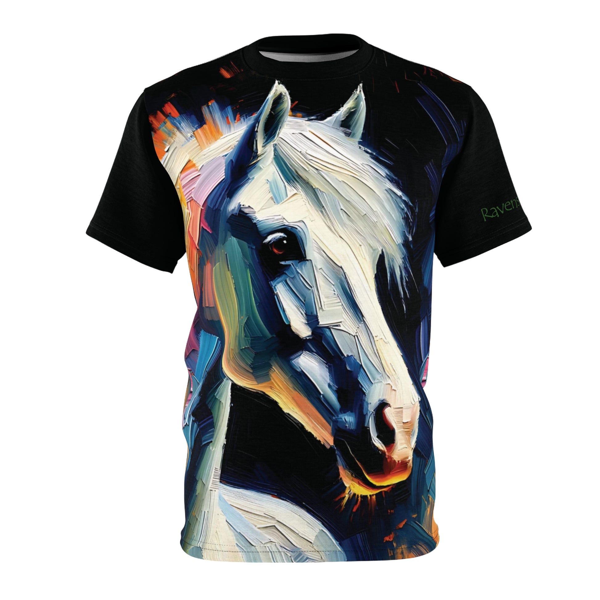 T-shirt with a colorful Arabian horse design on a white background