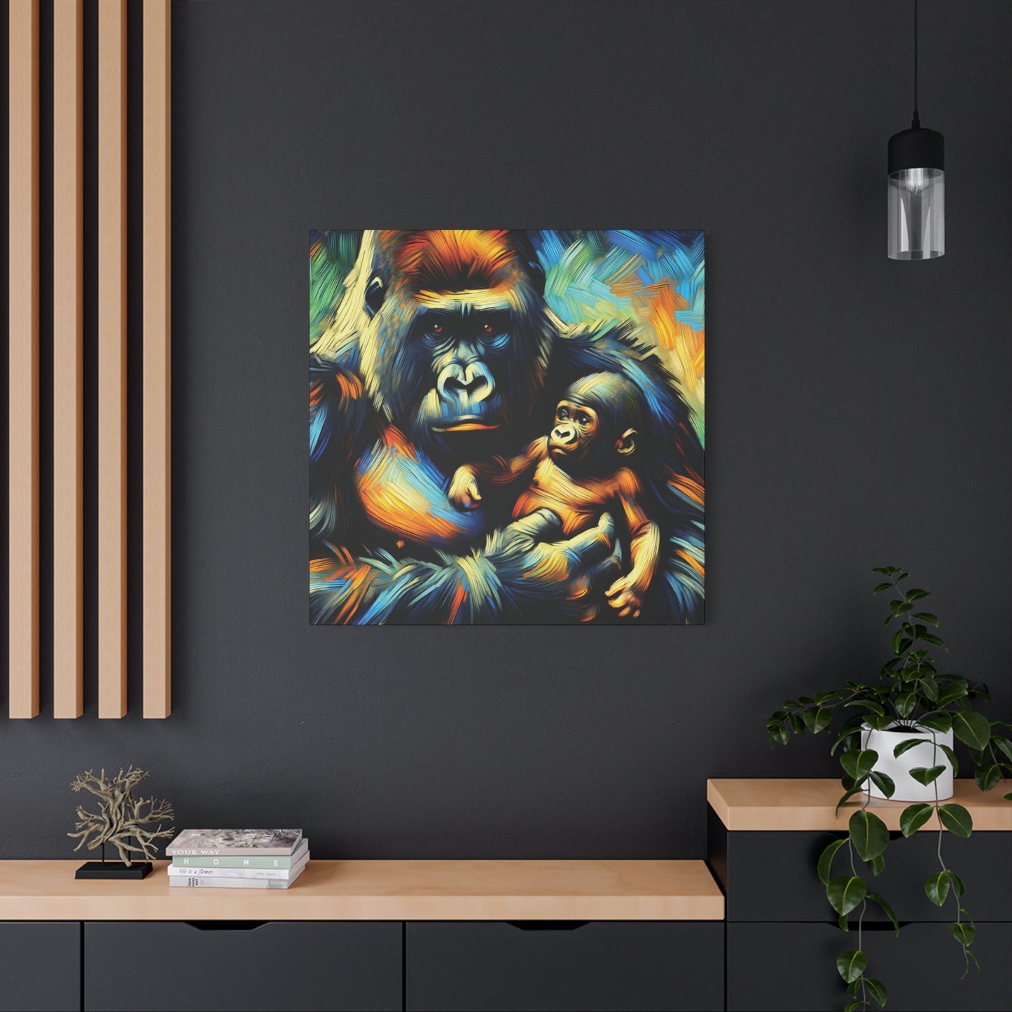 Gorilla Holding Baby Expressionist Canvas Art Print