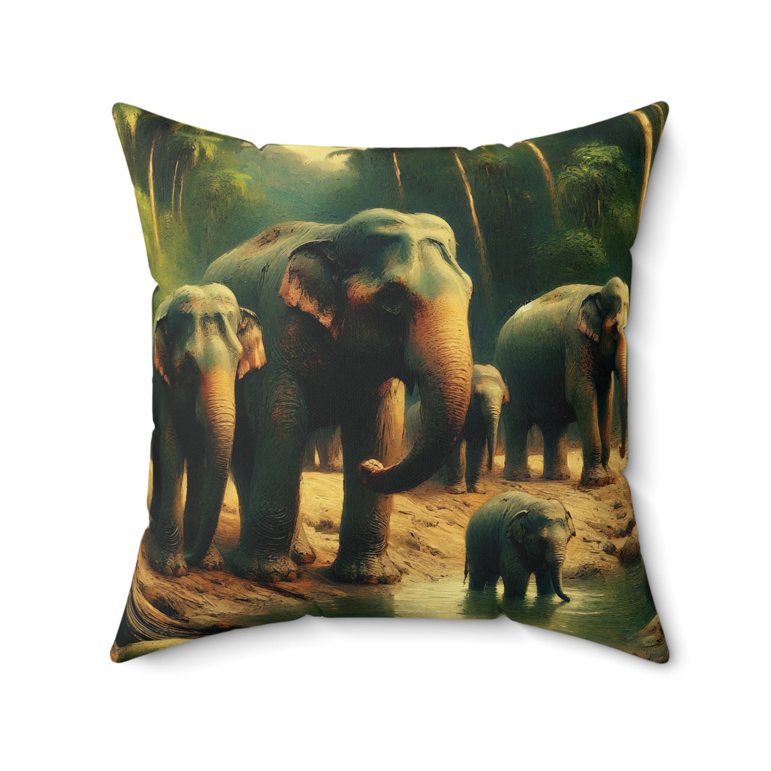 Pillow with an asian elephant herd design showing a family of elephants in a forest setting.