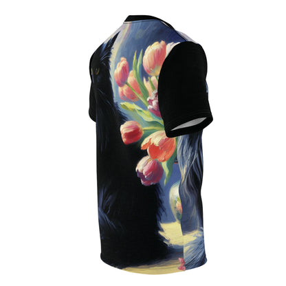 The Artist's Black Cat with Pink Tulips Vibrant Art Tee | Colorful Unisex Cut & Sew T-Shirt, Wildlife Apparel, Unique Graphic Tee, Birthday Gift