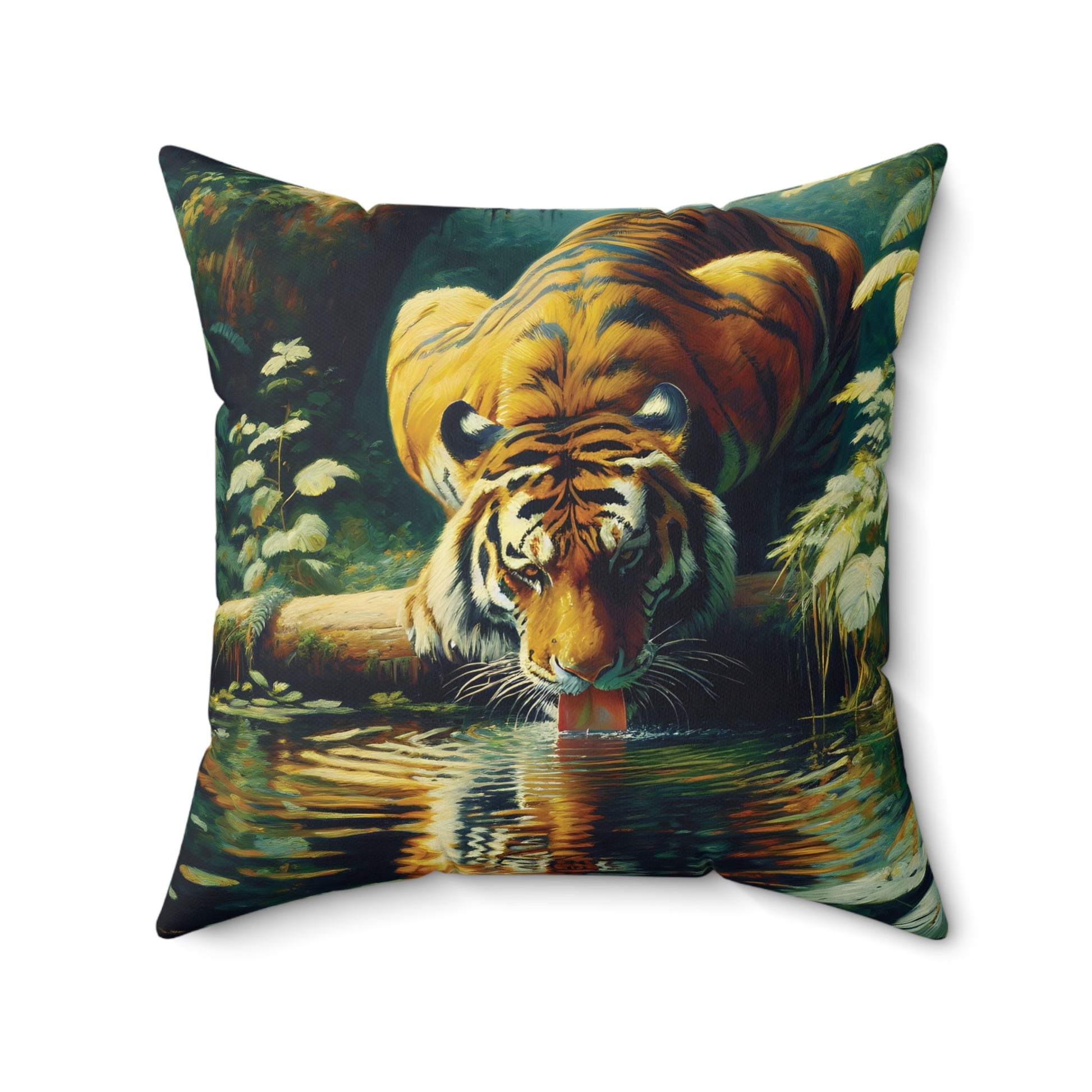 Decorative pillow with a tiger drinking at a pool of water
