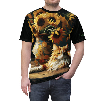 Orange and White Cat with Sunflowers Vibrant Art Tee | Colorful Unisex Cut & Sew T-Shirt, Cat Lover Apparel, Unique Graphic Tee, Birthday Gift