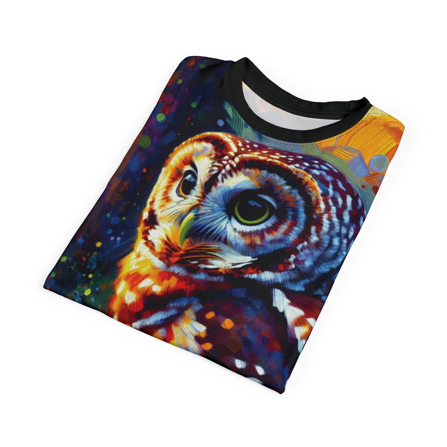 Barred Owl at Sunset Vibrant Art Tee | Colorful Unisex Cut & Sew T-Shirt, Wildlife Apparel, Unique Graphic Tee, Birthday Gift