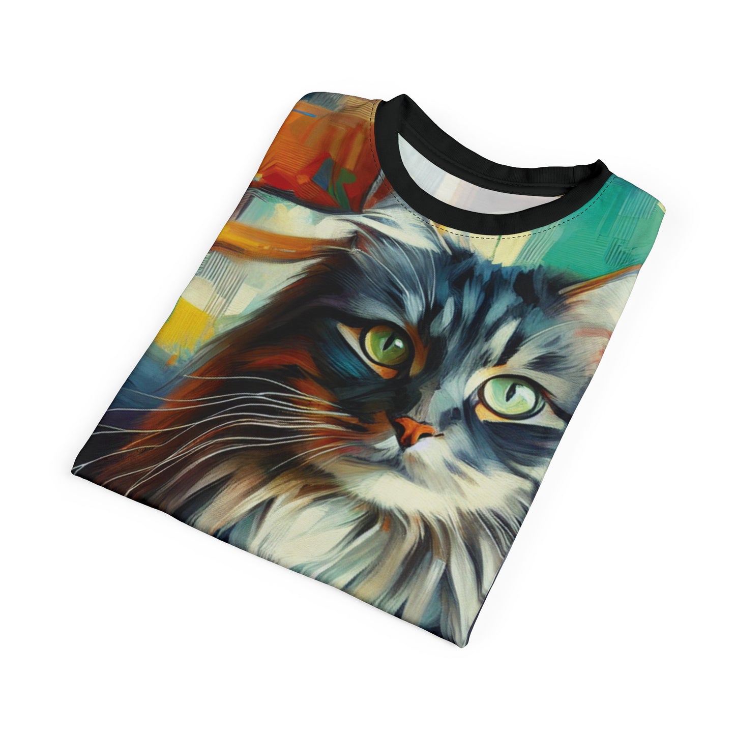 Longhaired Cat on Wooden Chair Vibrant Art Tee | Colorful Unisex Cut & Sew T-Shirt, Wildlife Apparel, Unique Graphic Tee, Birthday Gift