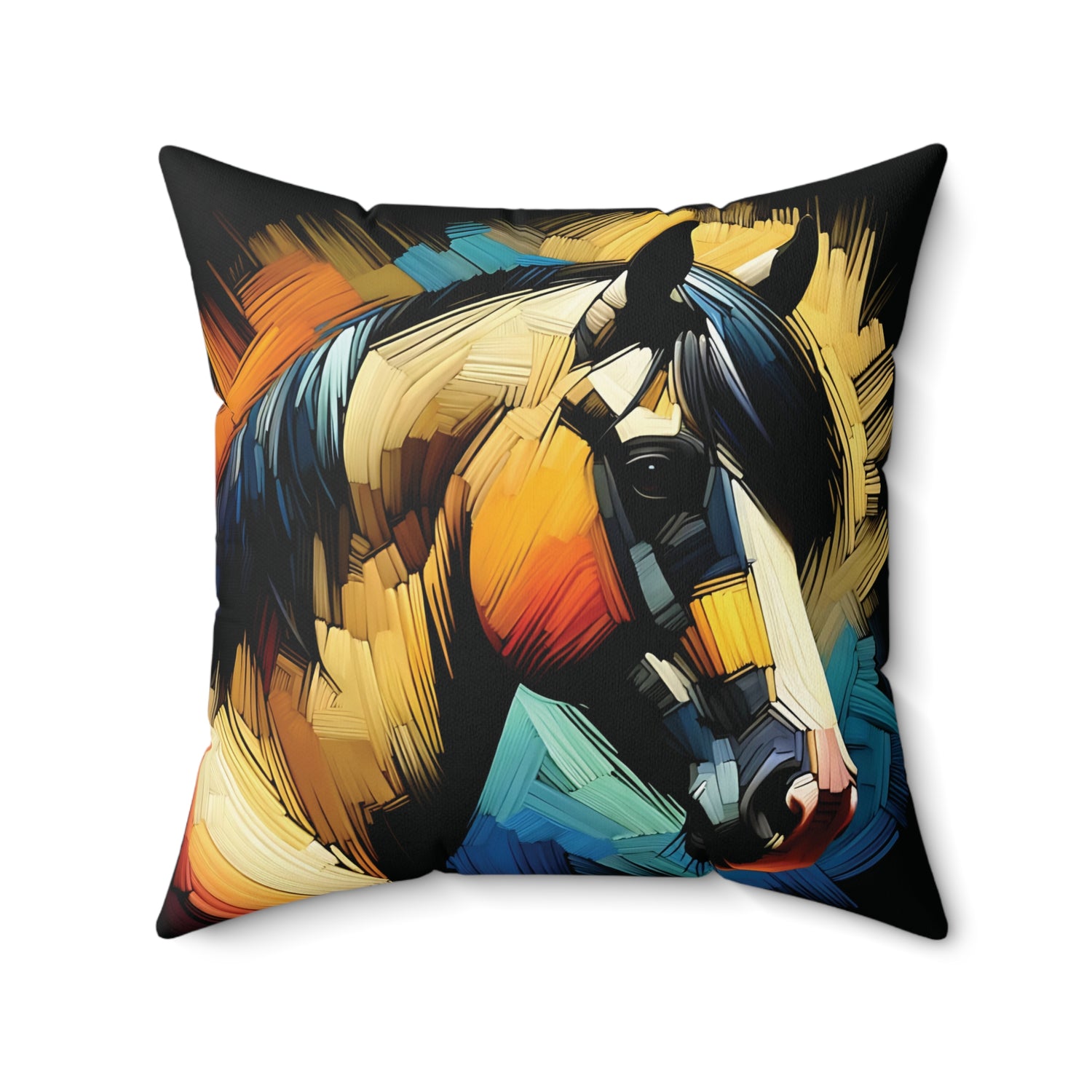 Decorative pillow with a colorful buckskin horse design