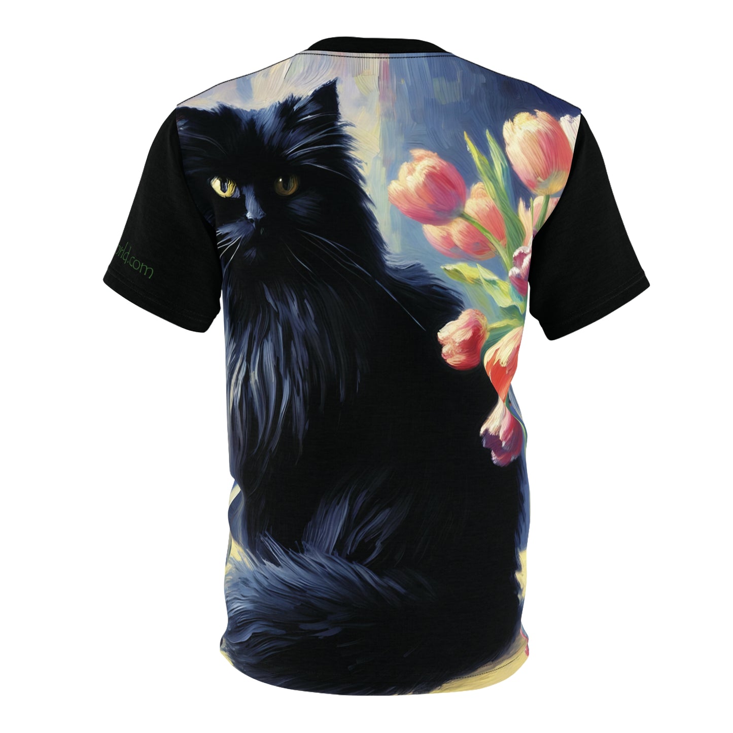 The Artist's Black Cat with Pink Tulips Vibrant Art Tee | Colorful Unisex Cut & Sew T-Shirt, Wildlife Apparel, Unique Graphic Tee, Birthday Gift