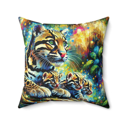 Clouded Leopard with Cubs - Square Pillow