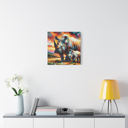 Rhinos at Sunset Expressionist Canvas Art Print