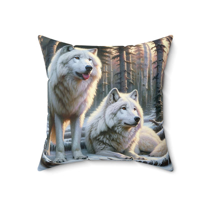Wolf Pillow - Arctic Wolf Pair Impressionist Art on Square Pillow