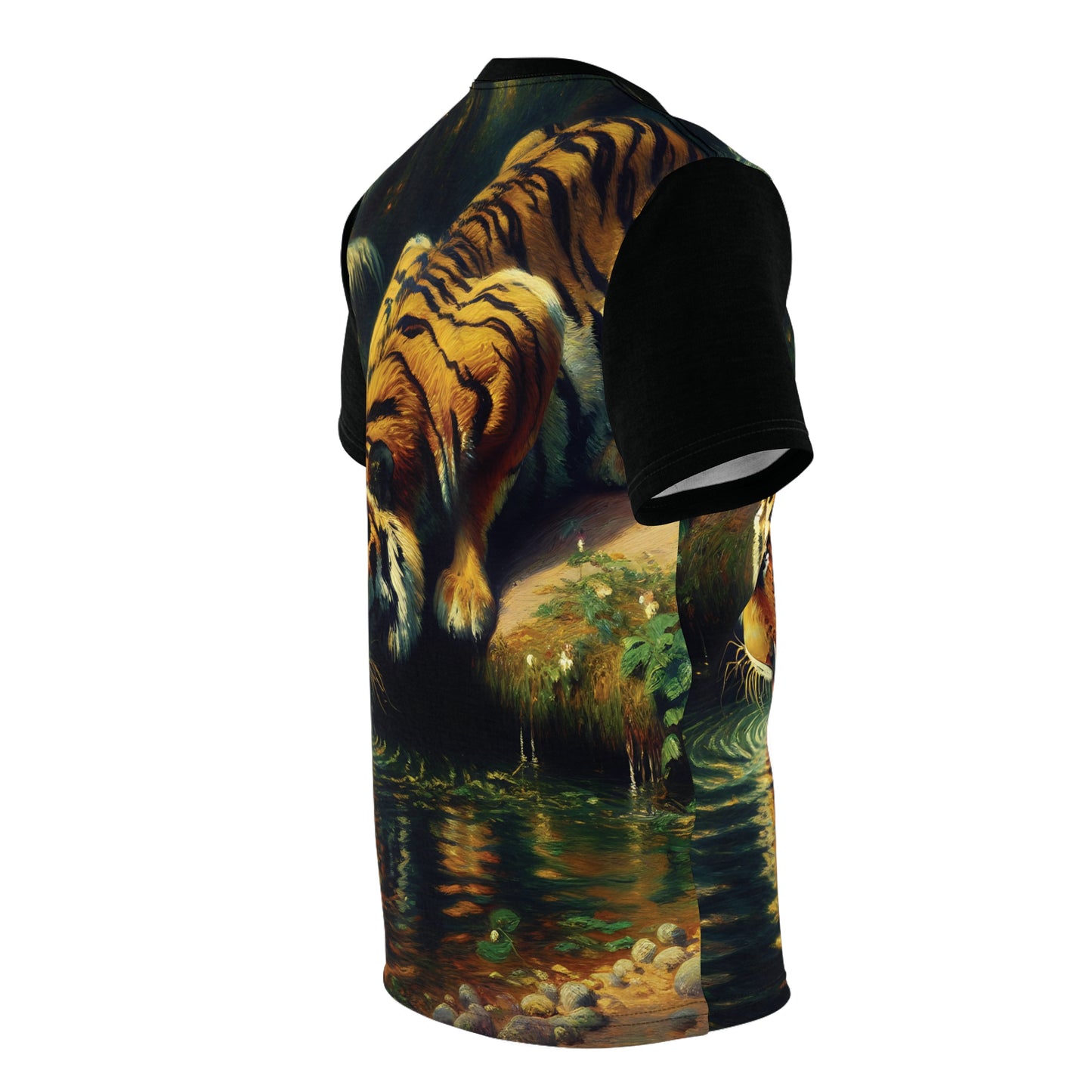 Tiger Drinking Vibrant Art Tee | Colorful Unisex Cut & Sew T-Shirt, Wildlife Apparel, Unique Graphic Tee, Birthday Gift