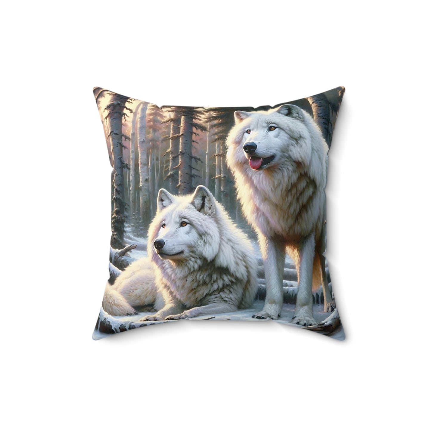 Wolf Pillow - Arctic Wolf Pair Impressionist Art on Square Pillow