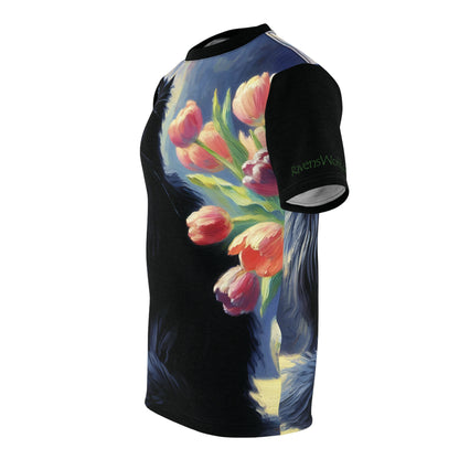 The Artist's Black Cat with Pink Tulips Vibrant Art Tee | Colorful Unisex Cut & Sew T-Shirt, Wildlife Apparel, Unique Graphic Tee, Birthday Gift
