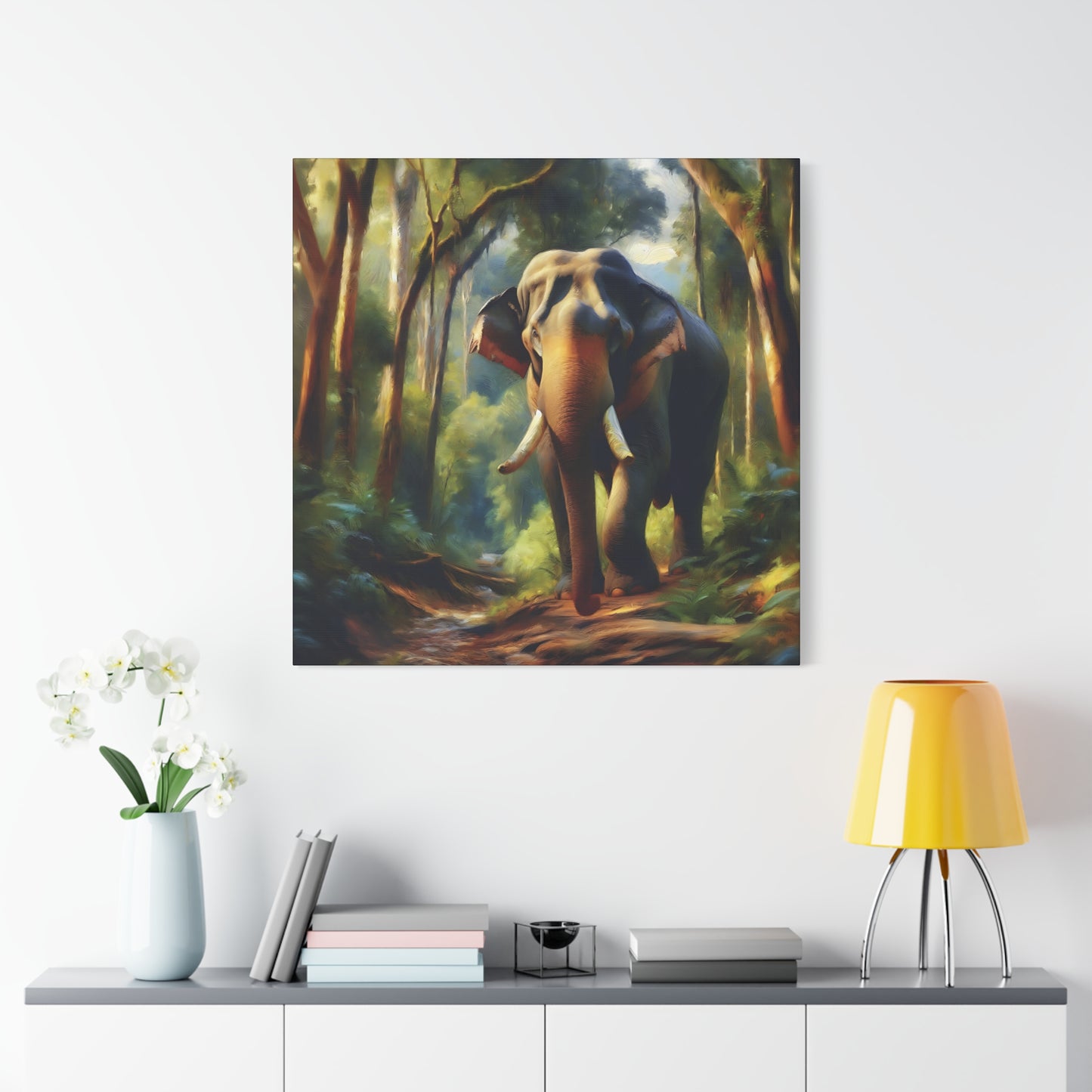 Asiatic Elephant Bull on Forest Trail - Post-Impressionist Style Canvas Wall Art