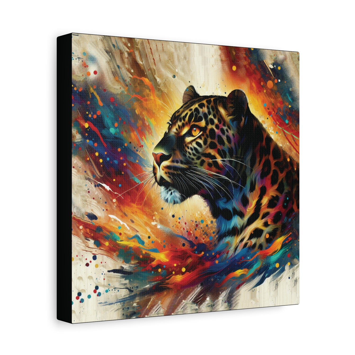 Canvas print of a colorful leopard painting on an abstract background