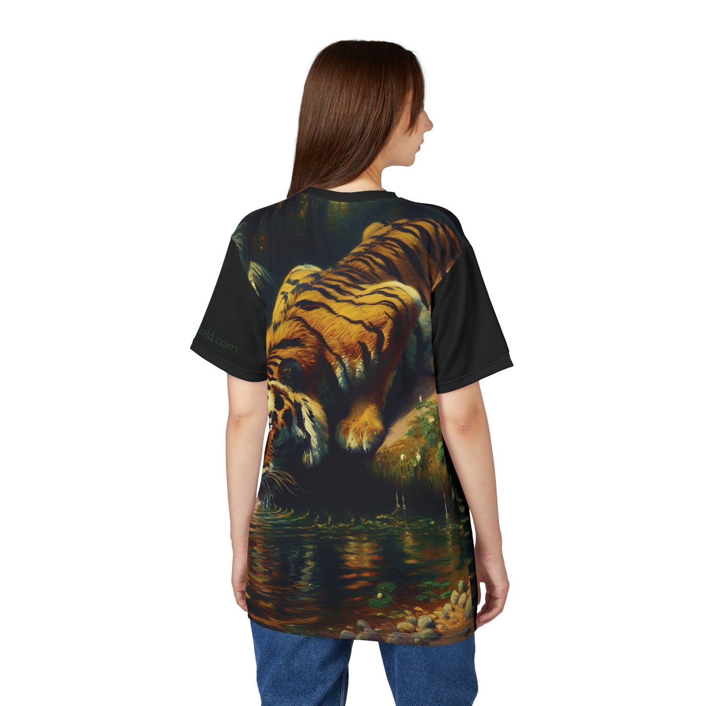 Tiger Drinking Vibrant Art Tee | Colorful Unisex Cut & Sew T-Shirt, Wildlife Apparel, Unique Graphic Tee, Birthday Gift