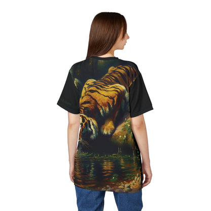 Tiger Drinking Vibrant Art Tee | Colorful Unisex Cut & Sew T-Shirt, Wildlife Apparel, Unique Graphic Tee, Birthday Gift