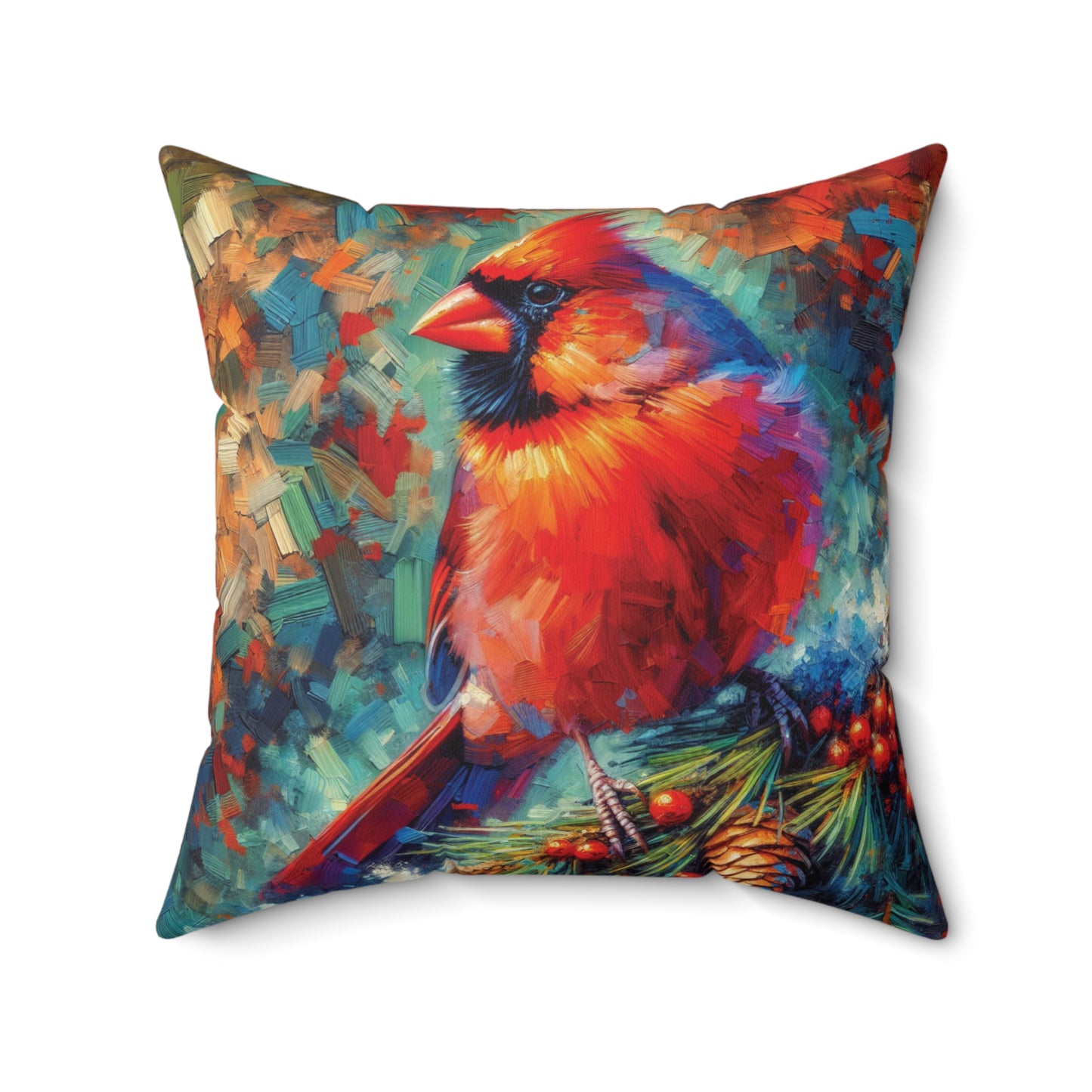 Cardinal with Berries - Square Pillow