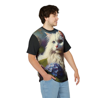 Young White Cat with Hydrangeas Vibrant Art Tee | Colorful Unisex Cut & Sew T-Shirt, Cat Lover Apparel, Unique Graphic Tee, Birthday Gift