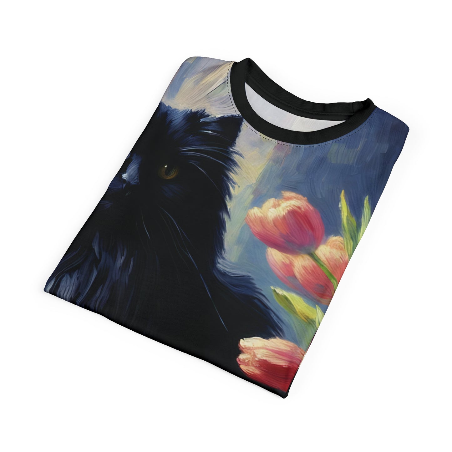 The Artist's Black Cat with Pink Tulips Vibrant Art Tee | Colorful Unisex Cut & Sew T-Shirt, Wildlife Apparel, Unique Graphic Tee, Birthday Gift
