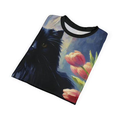 The Artist's Black Cat with Pink Tulips Vibrant Art Tee | Colorful Unisex Cut & Sew T-Shirt, Wildlife Apparel, Unique Graphic Tee, Birthday Gift