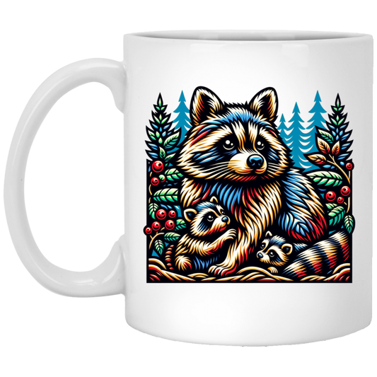 Woodcut Raccoon and Kits Mugs