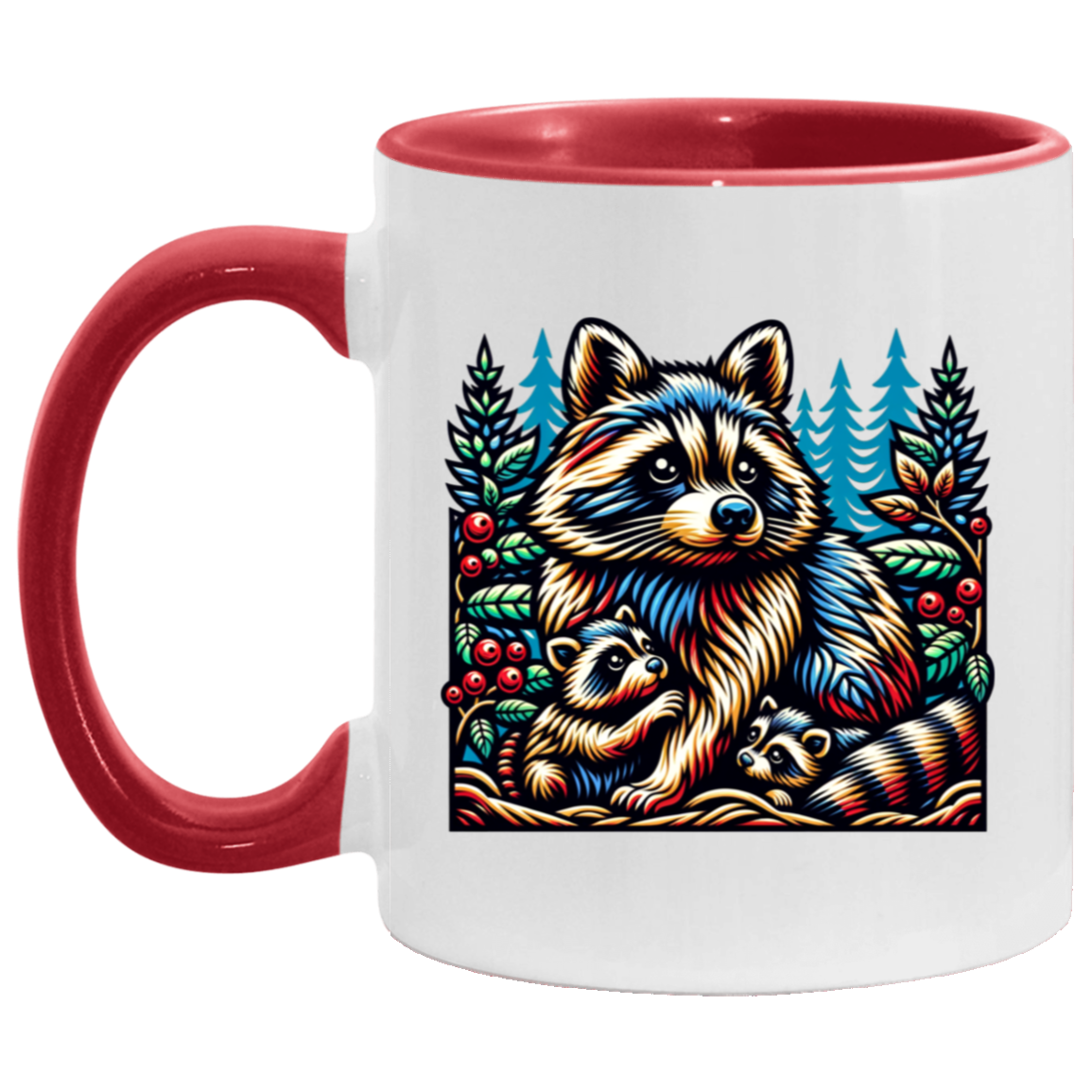 Woodcut Raccoon and Kits Mugs
