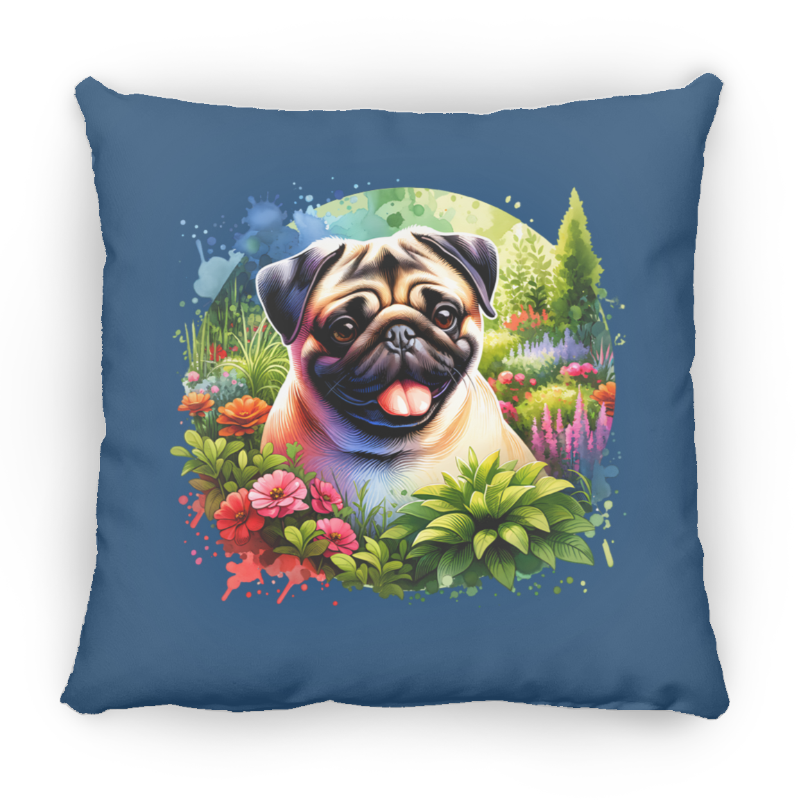 Pug in Garden Throw Pillows